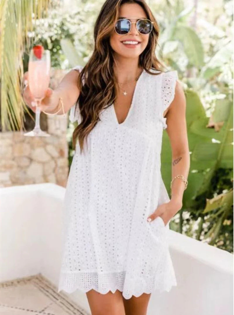 Women's A-Line Dress with Pockets — V-Neck Lace Sleeveless High Waist | 11 Colours XS–3XL