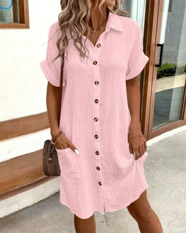 Women’s Summer V-Neck Linen Shirt Dress – Relaxed Button-Down, 7 Colours, S–3XL