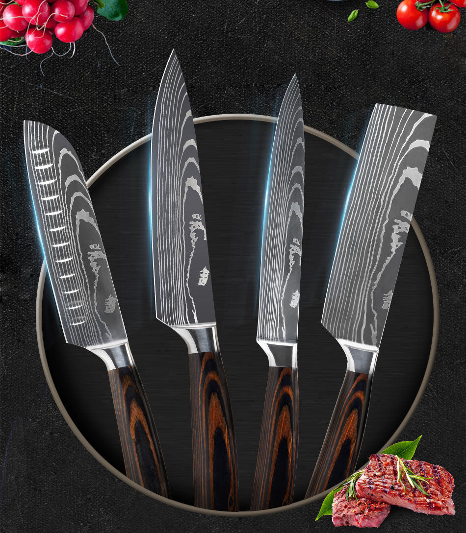 Damascus Style Kitchen Knife Set – Premium 7Cr Steel Chef's Knives