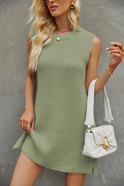 Women's Solid Colour Round Neck Knitted Dress with Split