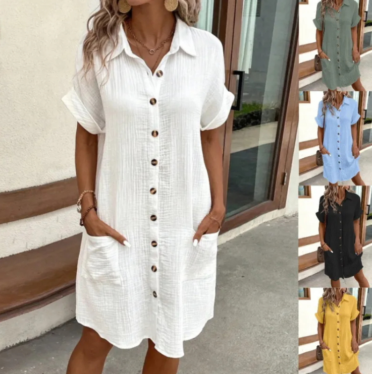 Women’s Summer V-Neck Linen Shirt Dress – Relaxed Button-Down, 7 Colours, S–3XL