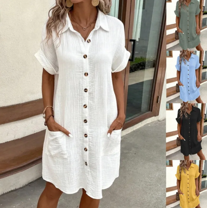 Women’s Summer V-Neck Linen Shirt Dress – Relaxed Button-Down, 7 Colours, S–3XL