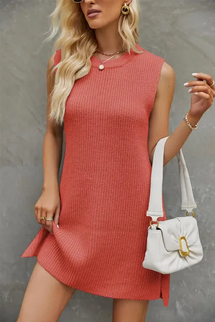 Women's Solid Colour Round Neck Knitted Dress with Split