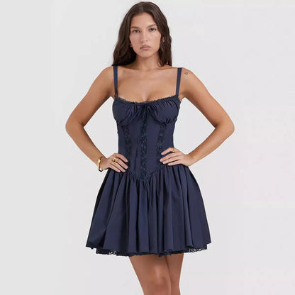 Women's Lace-Up Pleated Swing Dress — Sleeveless Summer Dress in Solids & Florals | S–XL