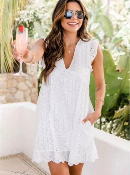 Women's A-Line Dress with Pockets — V-Neck Lace Sleeveless High Waist | 11 Colours XS–3XL