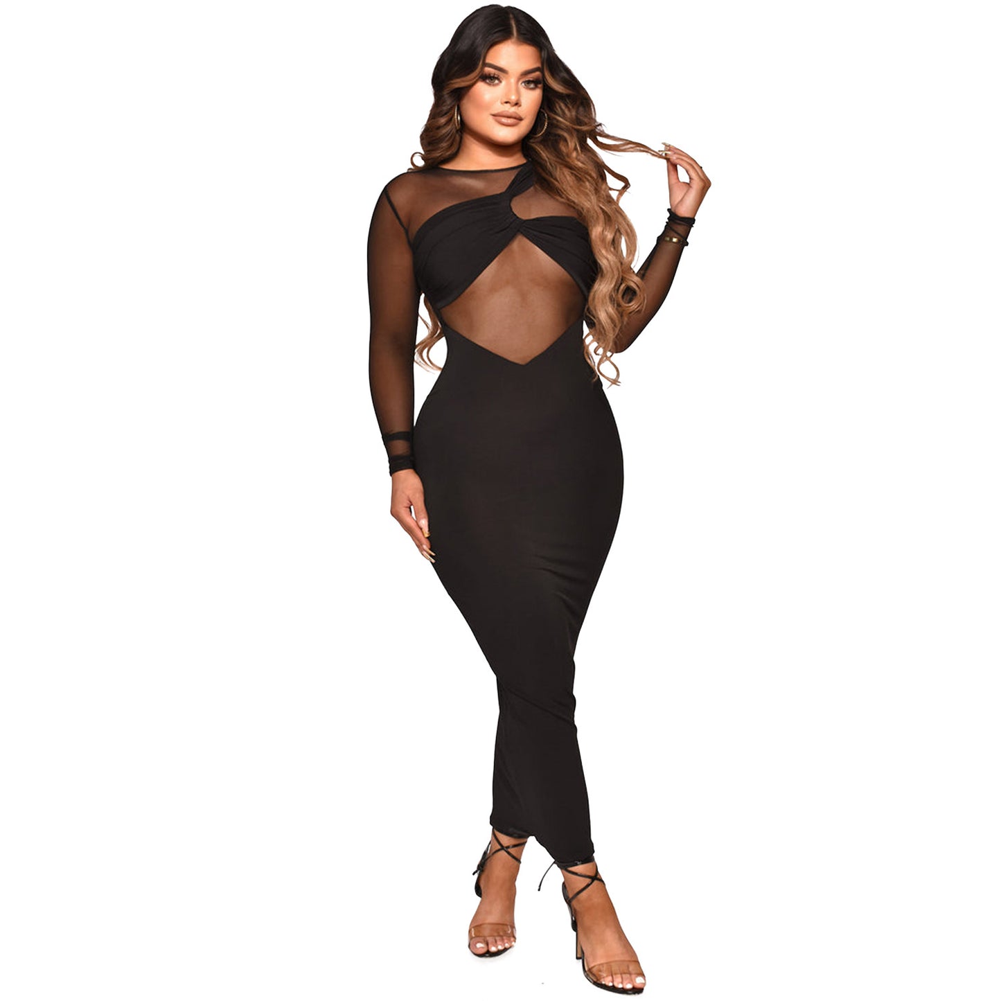 Women’s Solid Colour Long Sleeve Dress – Elegant Black, Mid-Waist Fit, S–XXL