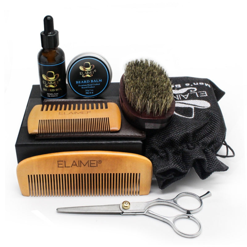 ELAIMEI 6-Piece Beard Care Kit – Comb, Boar Bristle Brush, Oil, Cream & Scissors