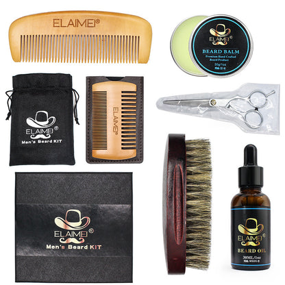 ELAIMEI 6-Piece Beard Care Kit – Comb, Boar Bristle Brush, Oil, Cream & Scissors