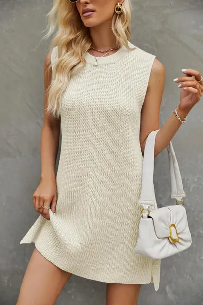 Women's Solid Colour Round Neck Knitted Dress with Split