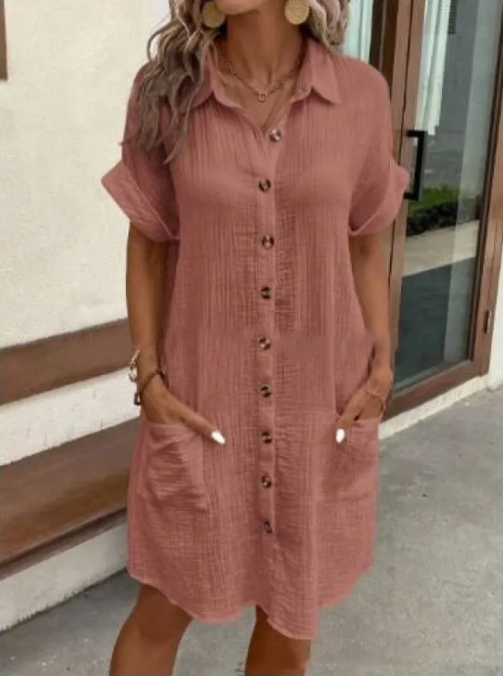 Women’s Summer V-Neck Linen Shirt Dress – Relaxed Button-Down, 7 Colours, S–3XL