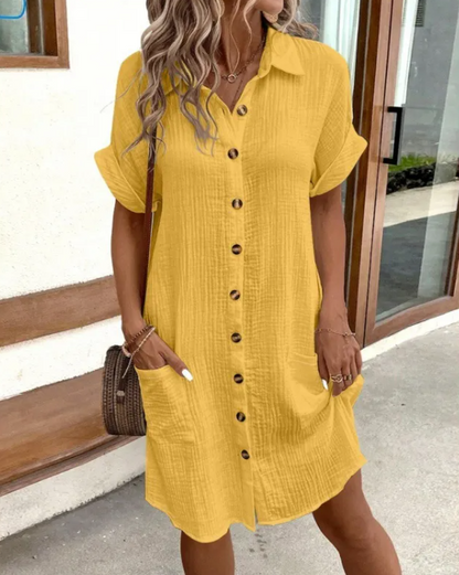 Women’s Summer V-Neck Linen Shirt Dress – Relaxed Button-Down, 7 Colours, S–3XL