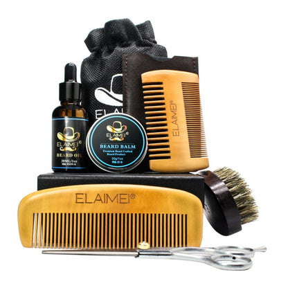 ELAIMEI 6-Piece Beard Care Kit – Comb, Boar Bristle Brush, Oil, Cream & Scissors
